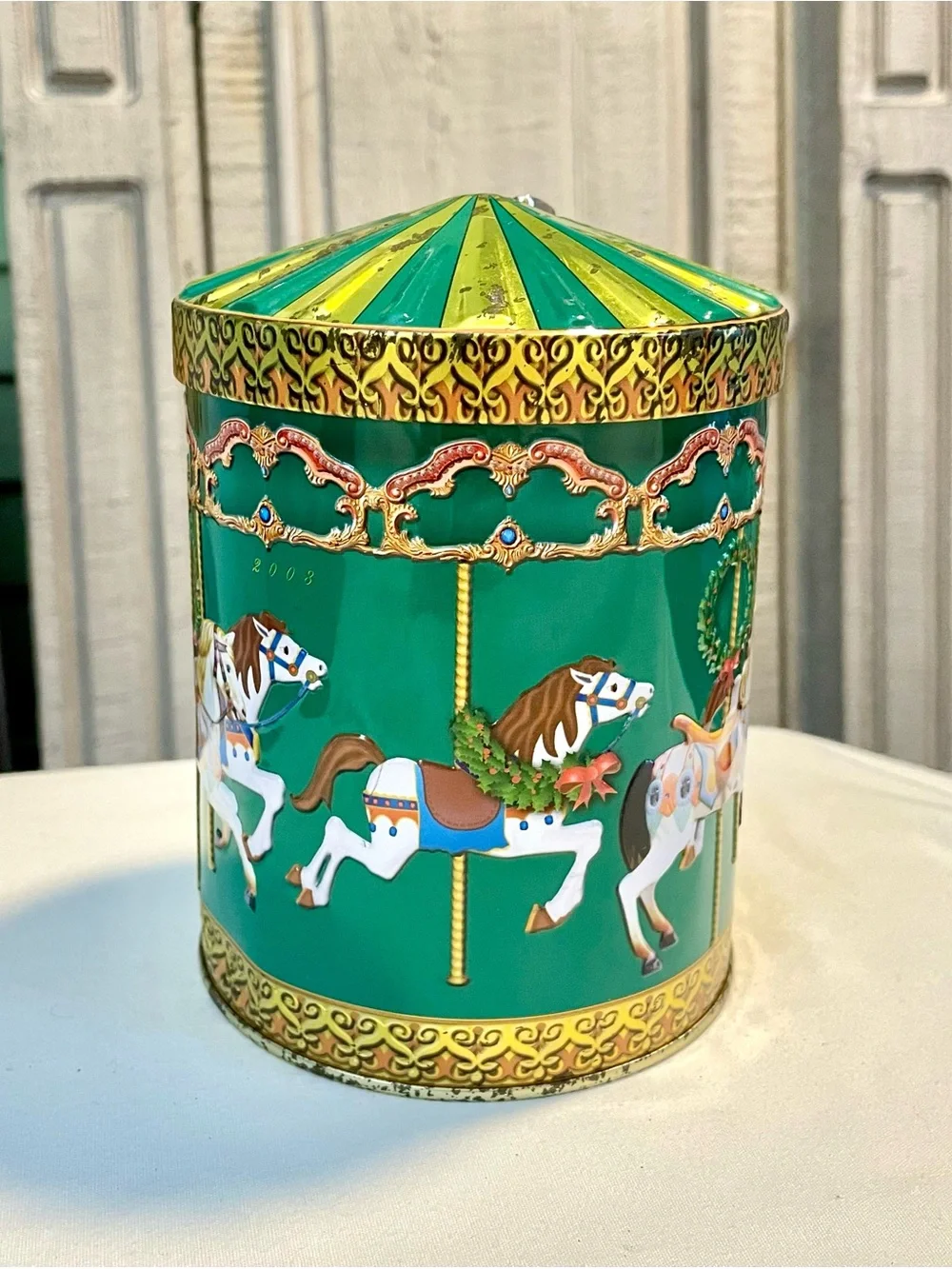 *GUC* 2008 German Cookie Tin & Music Box - Green - Christmas Carousel Horses
